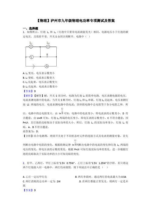 【物理】泸州市九年级物理电功率专项测试及答案