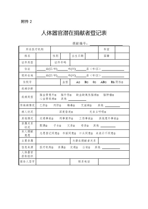 人体器官潜在捐献者登记表