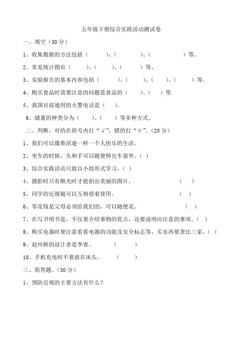 自编 五年级下册综合实践活动测试卷