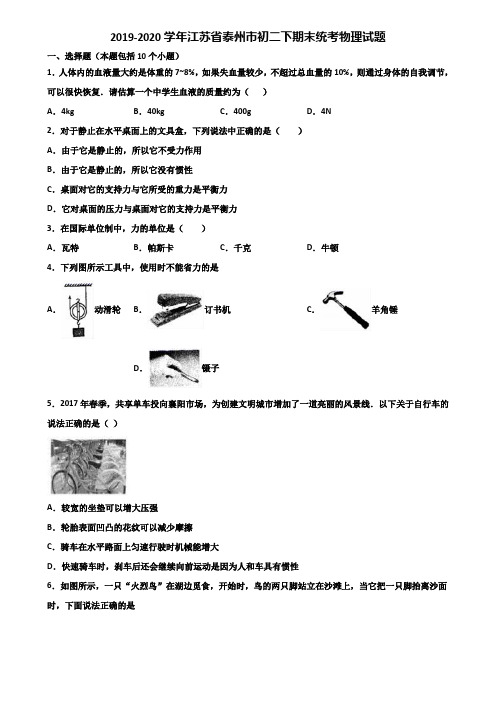 2019-2020学年江苏省泰州市初二下期末统考物理试题含解析