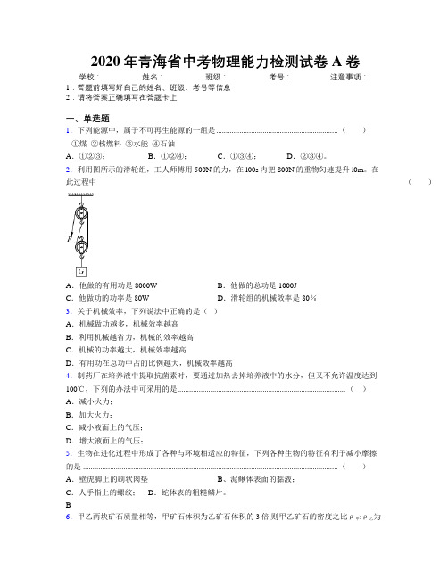 2020年青海省中考物理能力检测试卷A卷附解析