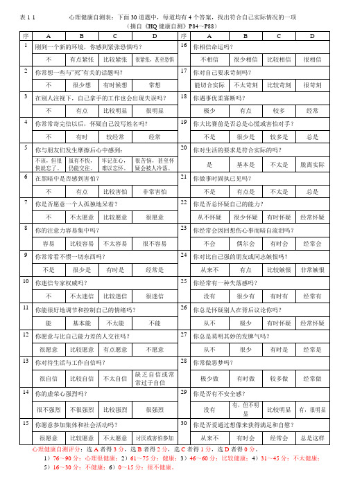 心理健康自测表下面30道题