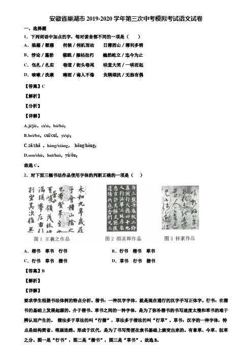 安徽省巢湖市2019-2020学年第三次中考模拟考试语文试卷含解析