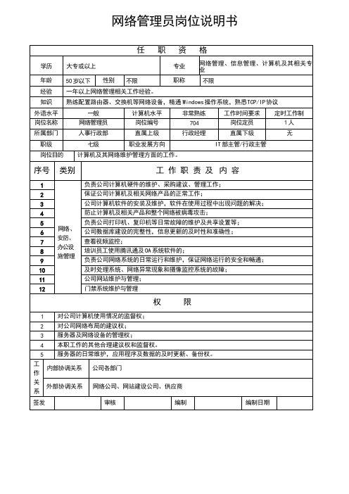 网络管理员岗位说明书