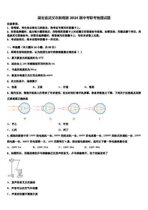 湖北省武汉市新观察2024届中考联考物理试题含解析