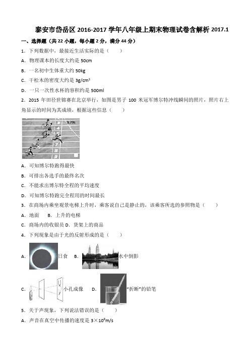 泰安市岱岳区2016-2017学年八年级上期末物理试卷含解析