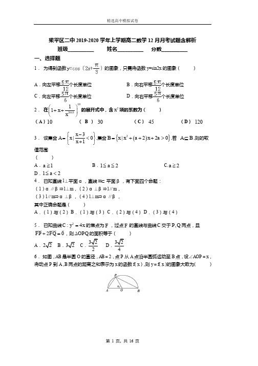 梁平区二中2019-2020学年上学期高二数学12月月考试题含解析