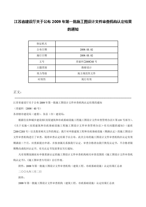 江苏省建设厅关于公布2009年第一批施工图设计文件审查机构认定结果的通知-苏建科[2009]63号