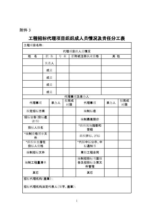 工程招标代理项目组组成人员情况及责任分工表