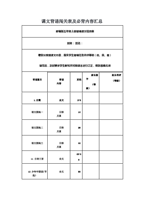 部编版五年级上册背诵课文检测表