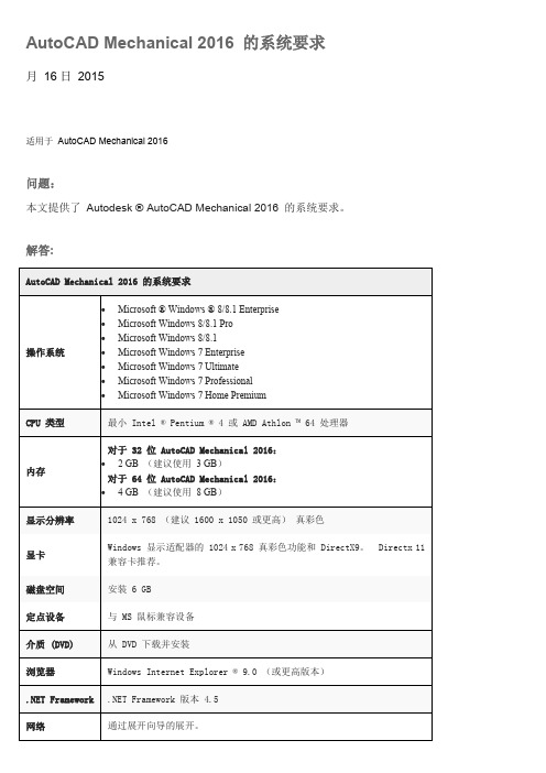 AutoCAD Mechanical2016配置要求