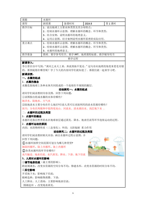 2.2+水圈与水循环++教学设计+鲁教版(2019)必修一+2024-2025学年高一上学期 (1)