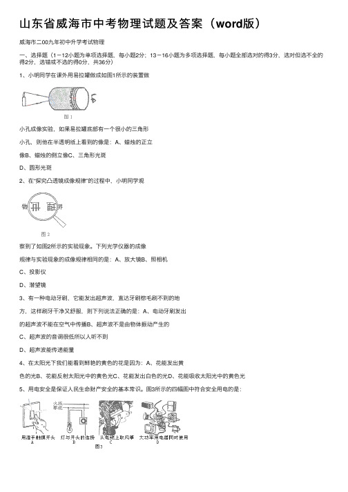 山东省威海市中考物理试题及答案（word版）