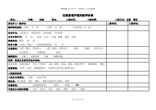 精神科患者住院风险评估表