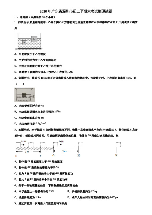 2020年广东省深圳市初二下期末考试物理试题含解析