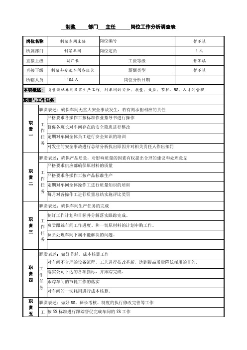 中顺纸业工作分析调查表制浆部门主任