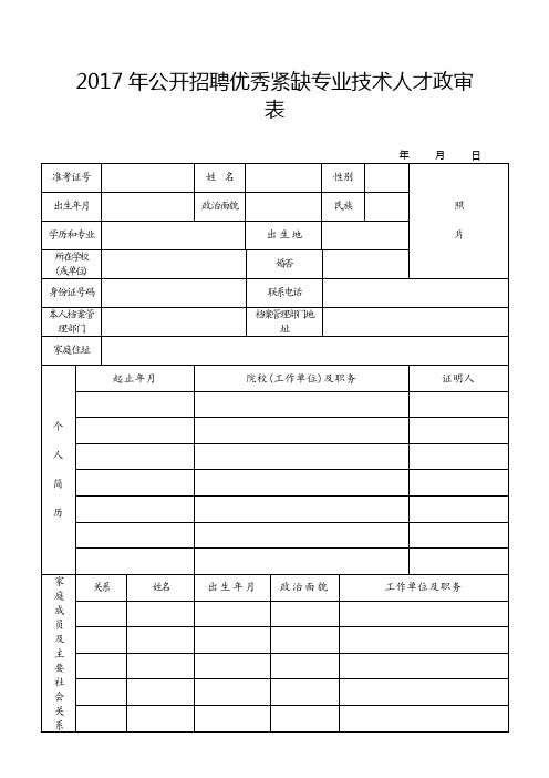 2017年公开招聘优秀紧缺专业技术人才政审表