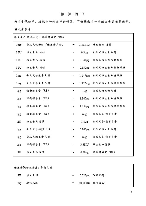 维生素“换算因子”表