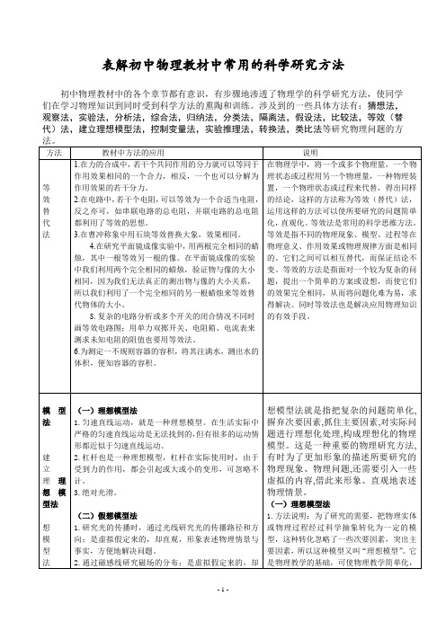 表解初中物理教材中常用的科学研究方法