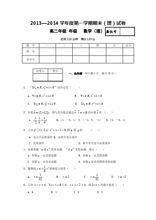 甘肃省兰州五十五中2013-2014学年高二上学期期末考试数学(理)试题Word版含答案