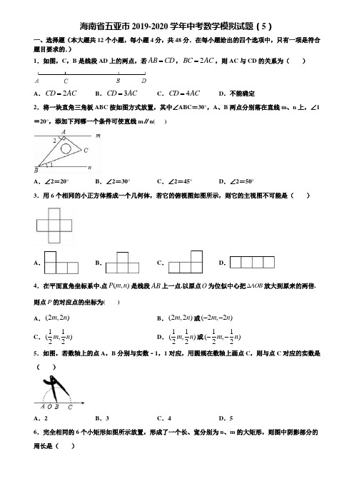 海南省五亚市2019-2020学年中考数学模拟试题(5)含解析