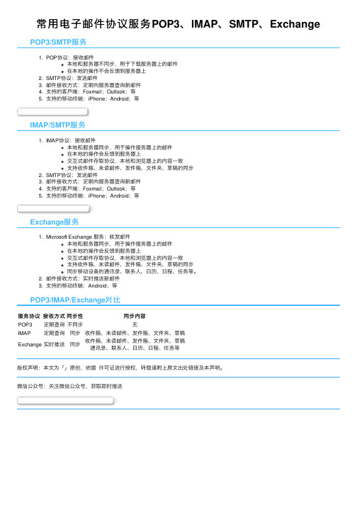 常用电子邮件协议服务POP3、IMAP、SMTP、Exchange