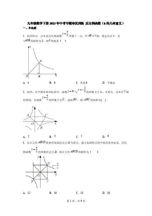 九年级数学下册2023年中考专题培优训练 反比例函数(k的几何意义)