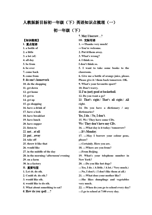 【最给力版】人教版新目标初一下英语知识点梳理