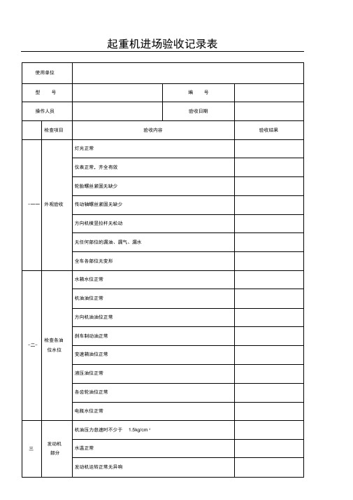 起重机汽车起重机验收记录