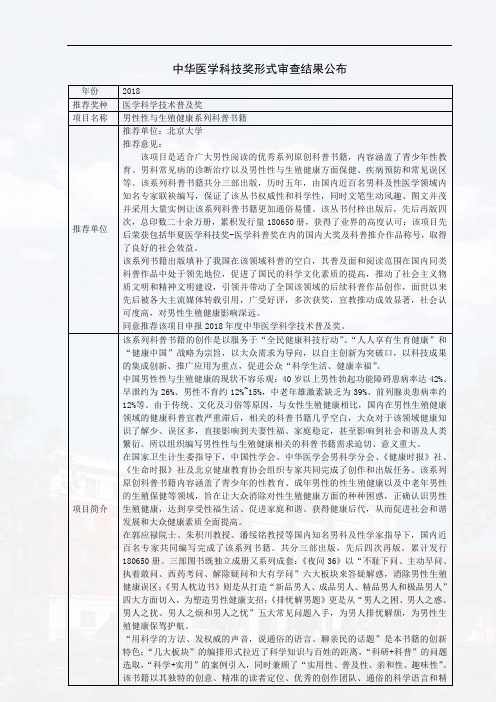 中华医学科技奖形式审查结果公布年份2018推荐奖种医学科学技术