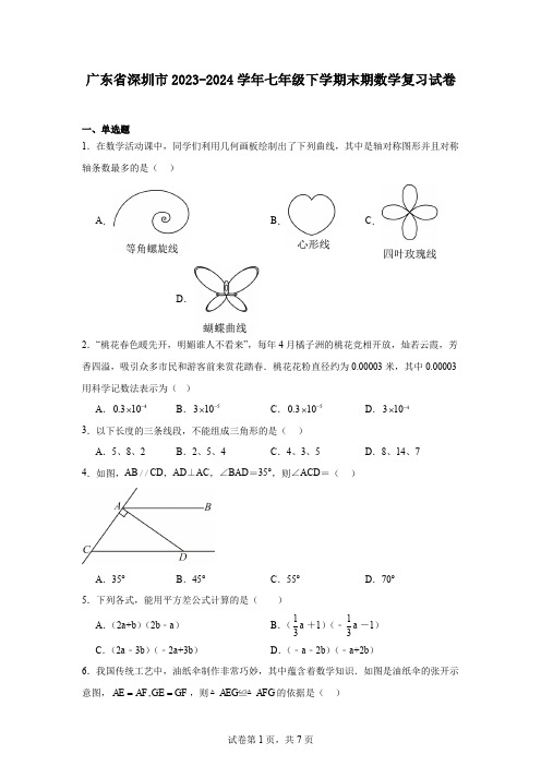 广东省深圳市2023-2024学年七年级下学期末期数学复习试卷