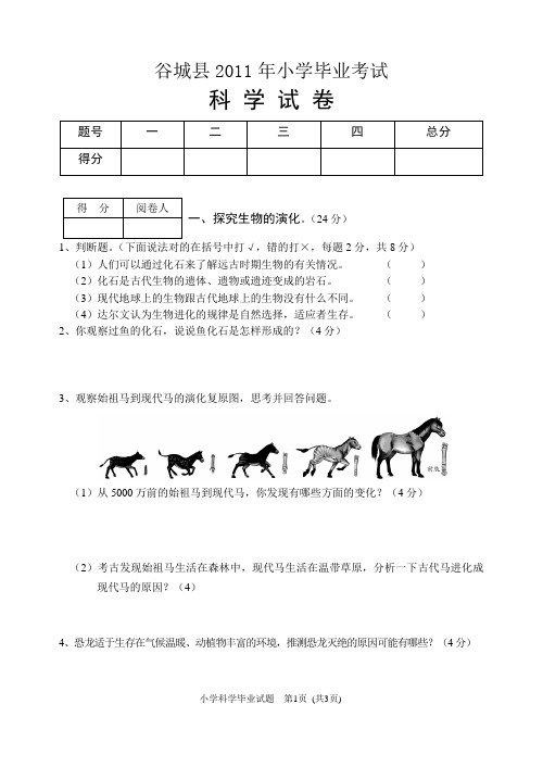 2011春小学毕业考试科学试卷