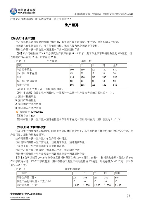 生产预算--注册会计师考试辅导《财务成本管理》第十九章讲义2