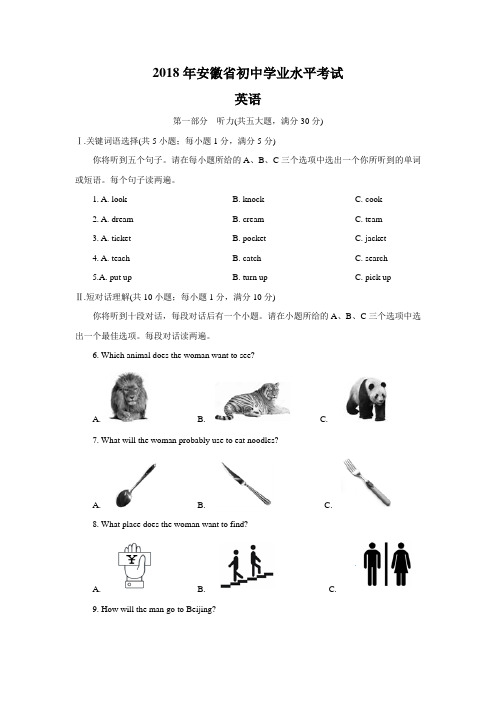 安徽省2018年中考英语试题及参考参考答案