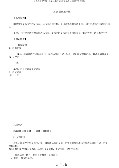 山东省高考生物一轮复习计划考点扫描专题10细胞呼吸含解析