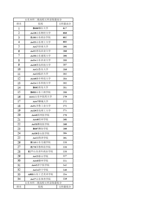 2013年山东各高校录取分数线