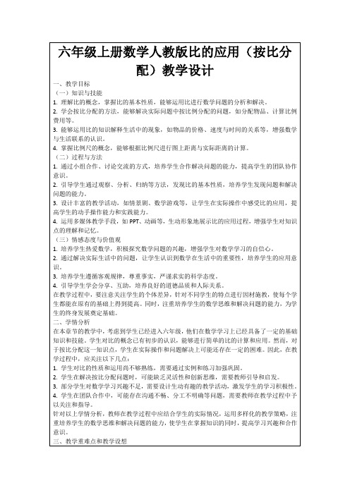 六年级上册数学人教版比的应用(按比分配)教学设计