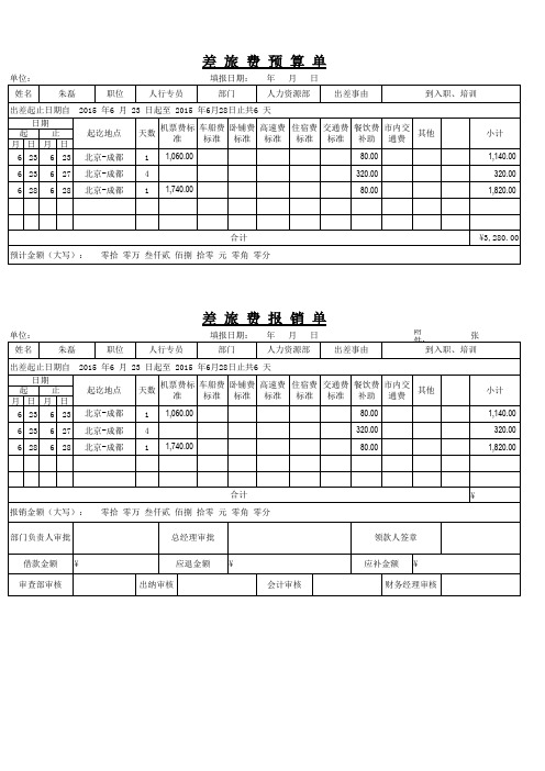 差旅费预算单及报销单格式