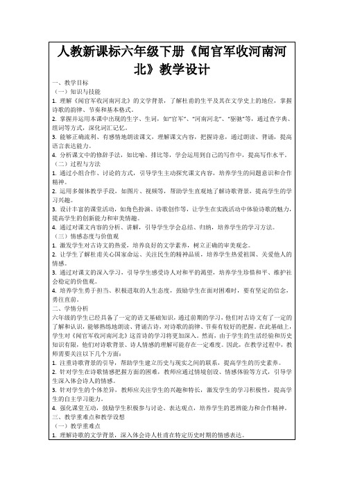 人教新课标六年级下册《闻官军收河南河北》教学设计