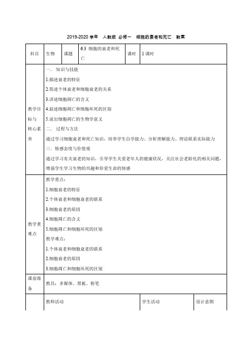 2019-2020学年  人教版 必修一  细胞的衰老和死亡  教案