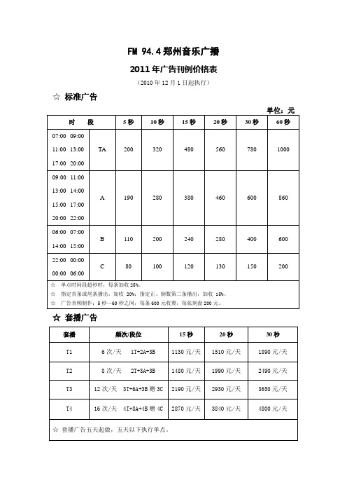 2011年郑州音乐广播刊例价( 2010年12月1日起执行)