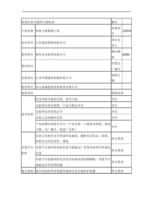 高处作业吊篮(四方)验收表