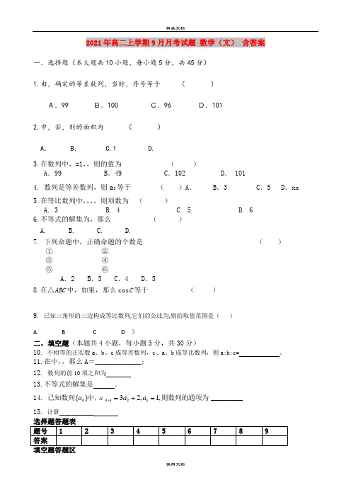 2021年高二上学期9月月考试题 数学(文) 含答案