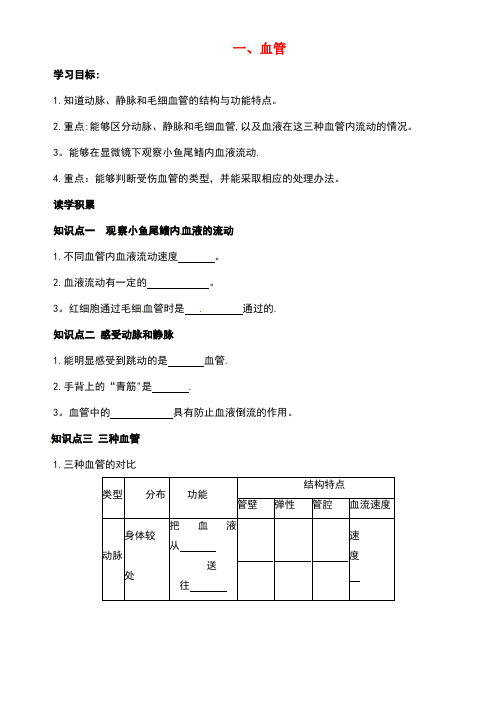 七年级生物下册2.2.2血管学案(含解析)冀教版