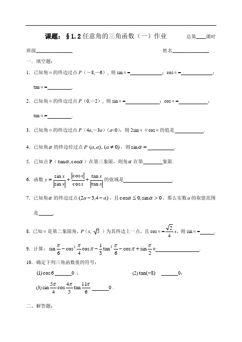 人教版数学必修四：1.2.1任意角的三角函数(1)(作业纸)