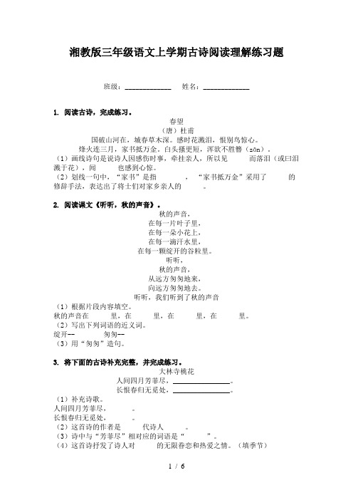 湘教版三年级语文上学期古诗阅读理解练习题