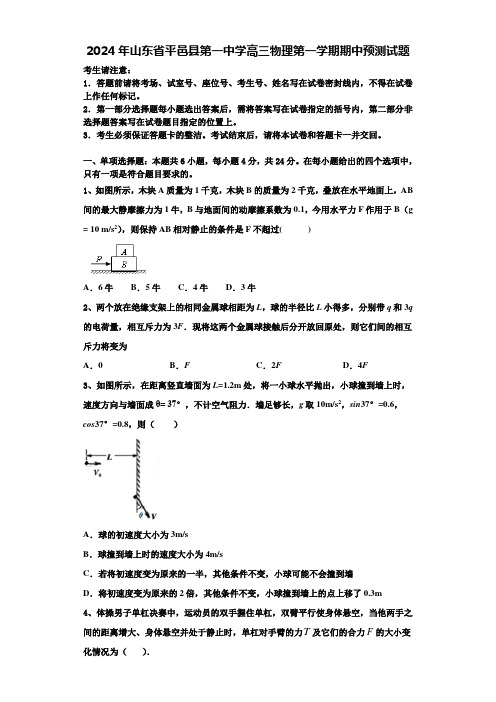 2024年山东省平邑县第一中学高三物理第一学期期中预测试题含解析