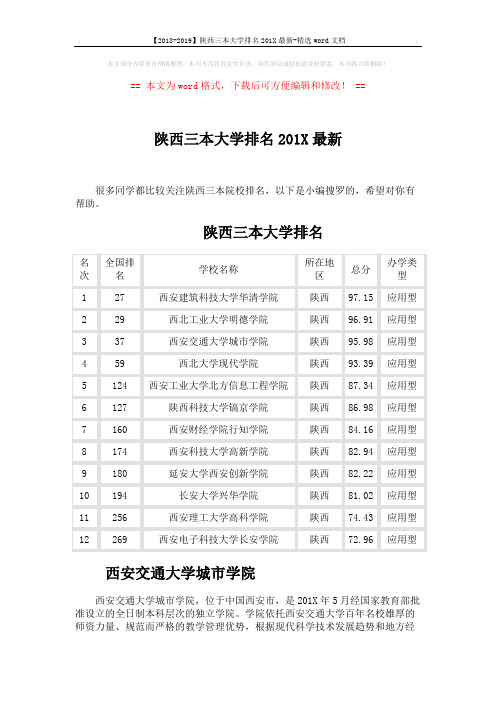 【2018-2019】陕西三本大学排名201X最新-精选word文档 (2页)