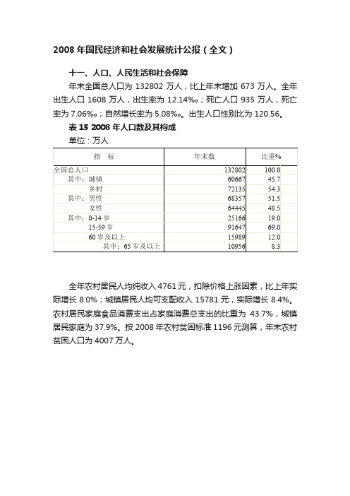 2008年国民经济和社会发展统计公报（全文）