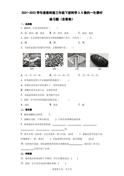 2021-2022学年度教科版三年级下册科学蚕的一生课时练习题(含答案)